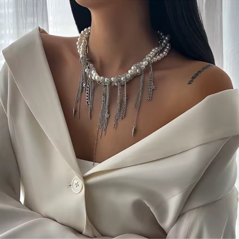 Pearl Star Tassel Multilayer Silver Necklace Tik tok Famous